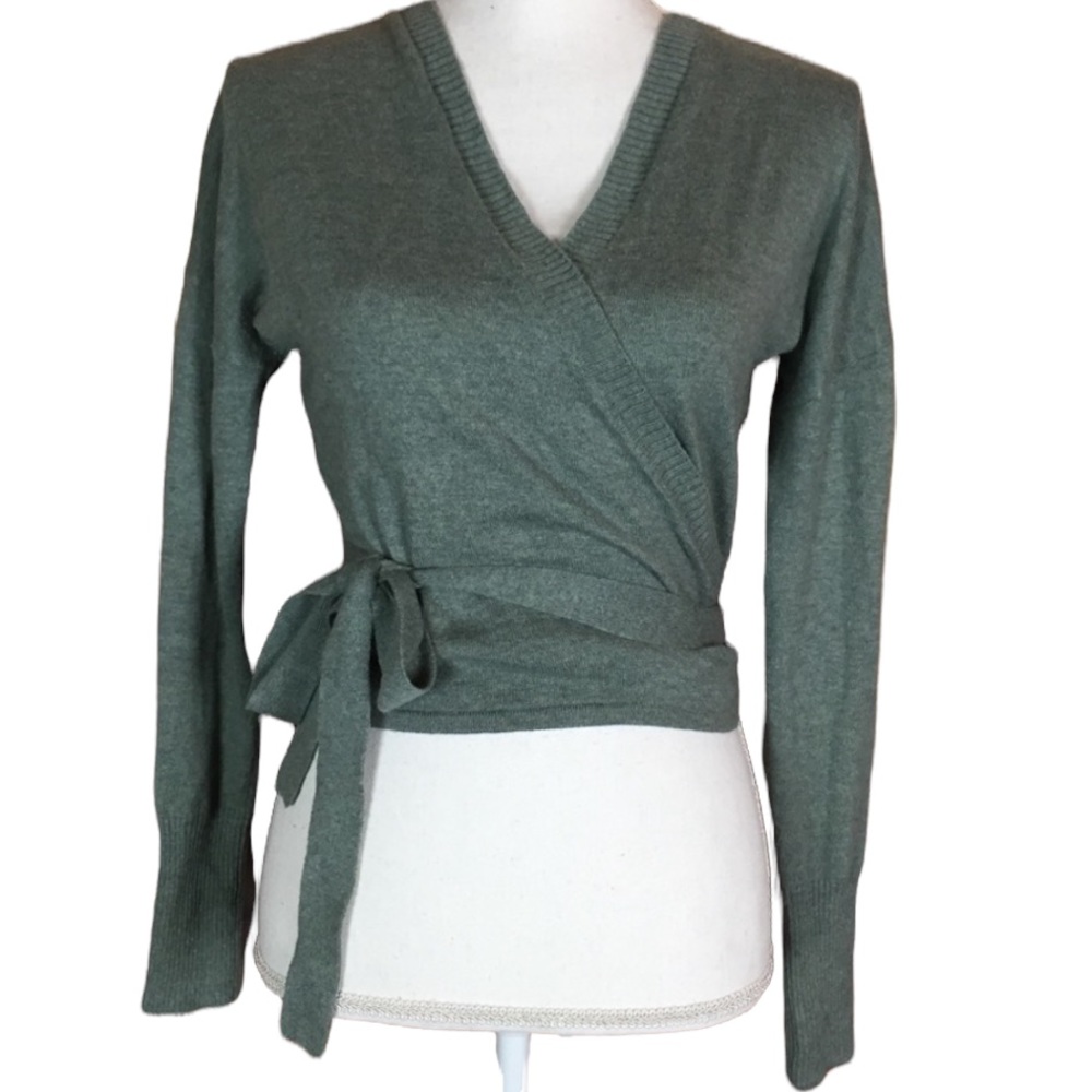 Ruby Moon Boho Cropped Tie Wrap V-neck Crop Top Green/Gray Size Small Wool Blend